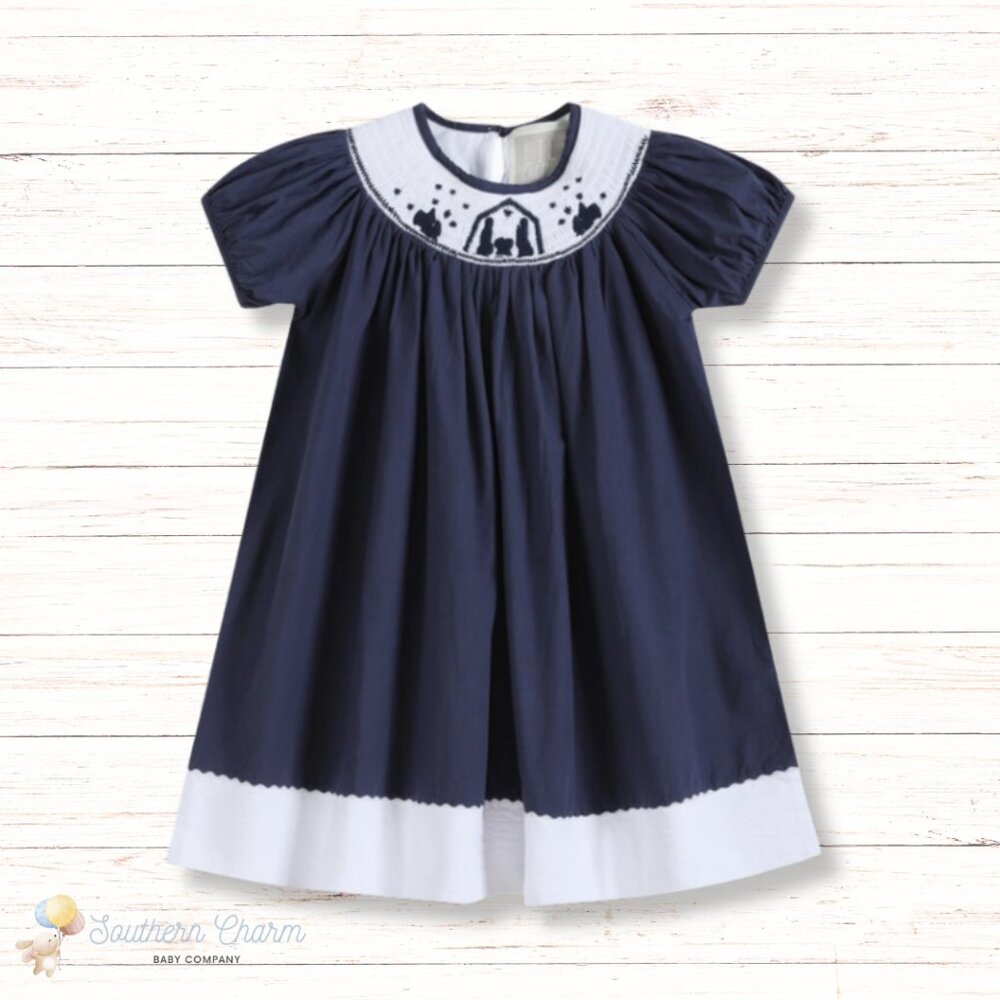 Navy Nativity Scene Smocked Dress Christmas